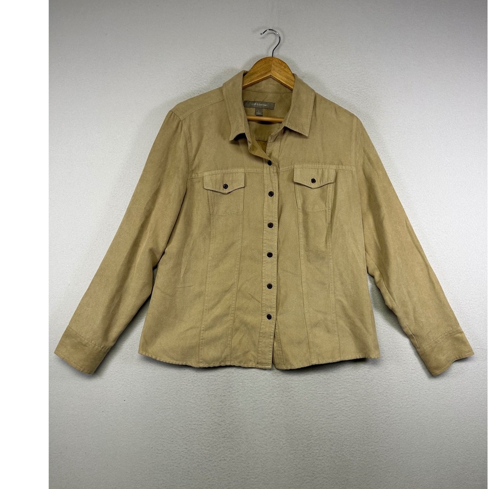 Western Boho Croft & Barrow Women L Tan Faux Suede Button Front Shacket Jacket